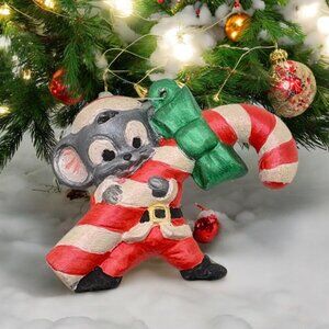 Vintage Santa Mouse Christmas Tree Ornament Holding Candy Cane Hand Painted